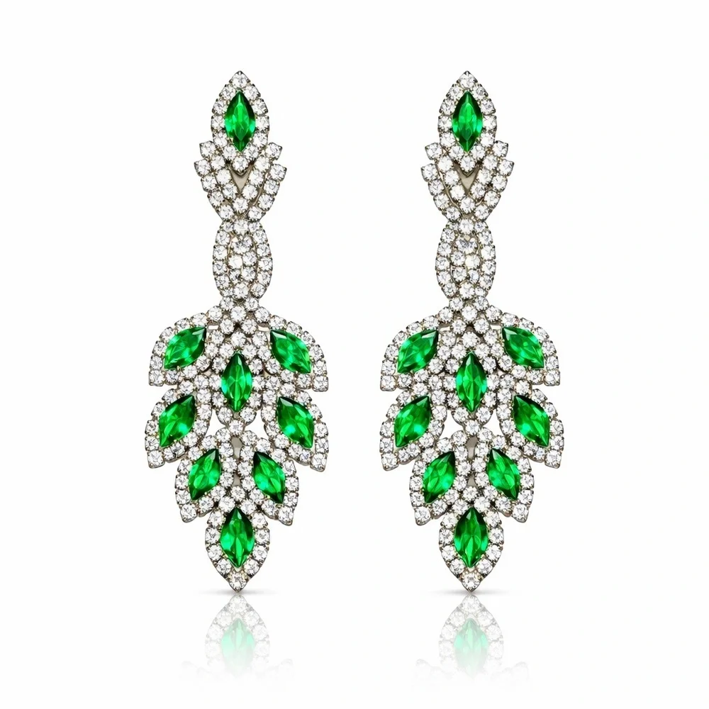 ⚜️ Emerald Leaf Drop Earrings - Green Crystal Statement Earrings